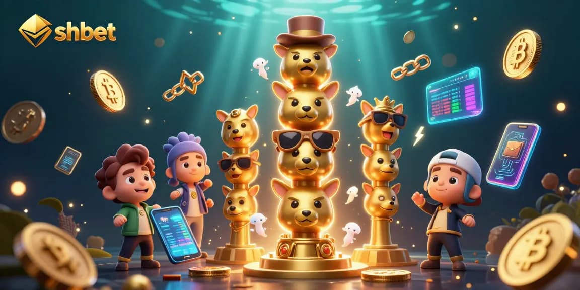 Engage with shbet's gaming excitement featuring a vibrant 3D totem and cryptocurrency elements.