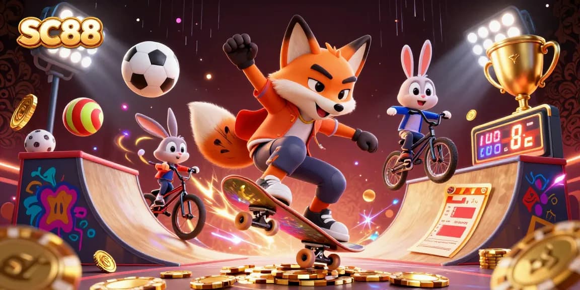 SC88 online casino with a fox and bunny engaging in dynamic gambling-themed actions.