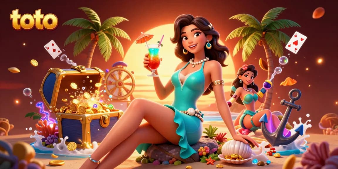 Win big with toto at a vibrant beach casino scene featuring a glamorous cocktail and golden treasures.