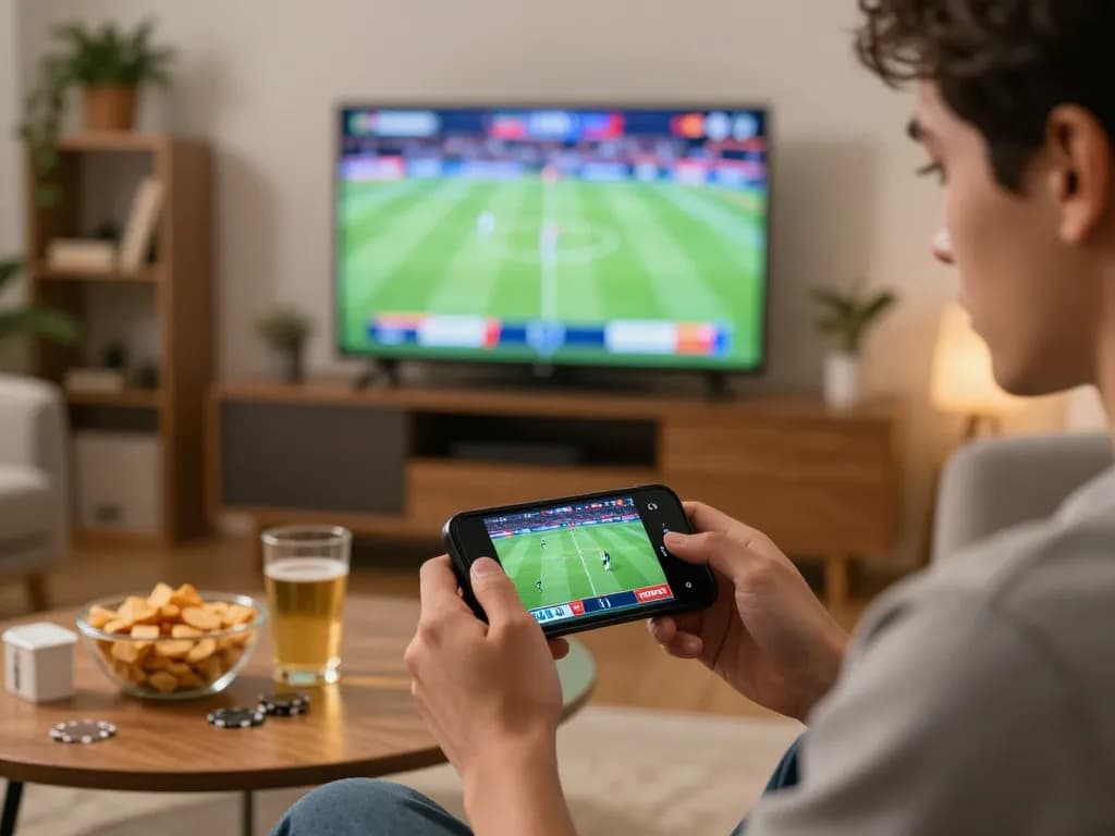 Player using digitalgamesprices for live betting on smartphone during a sports game.