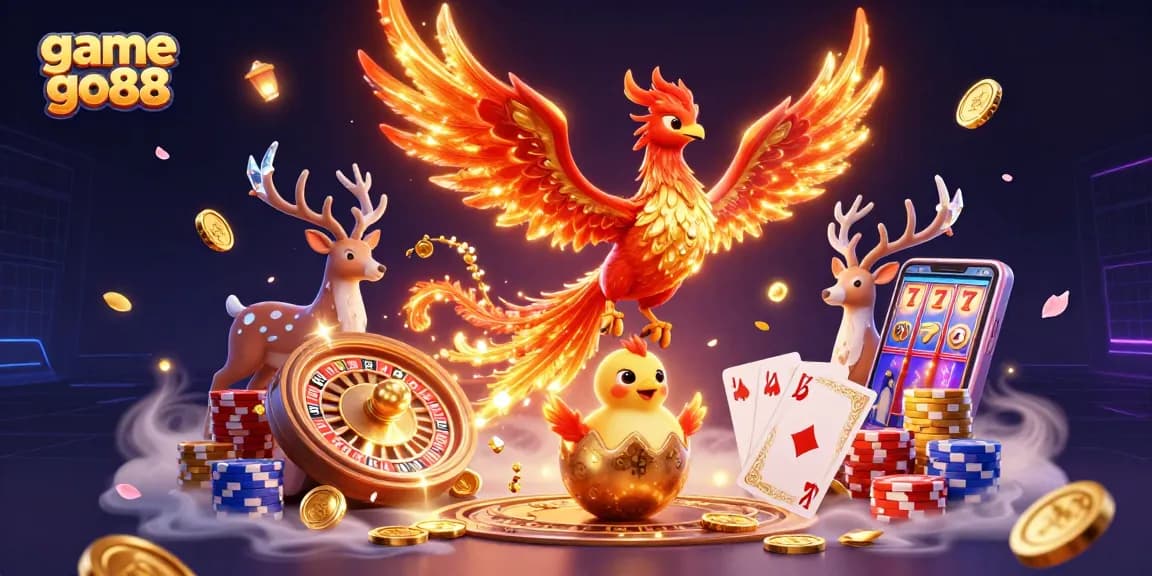 Experience game go88 like never before with stunning 3D visuals of phoenixes and casino elements.