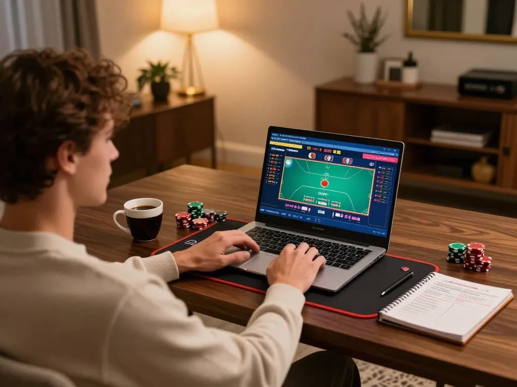 Player engages in lsa poker game on laptop, showcasing strategic gameplay in a cozy setting.