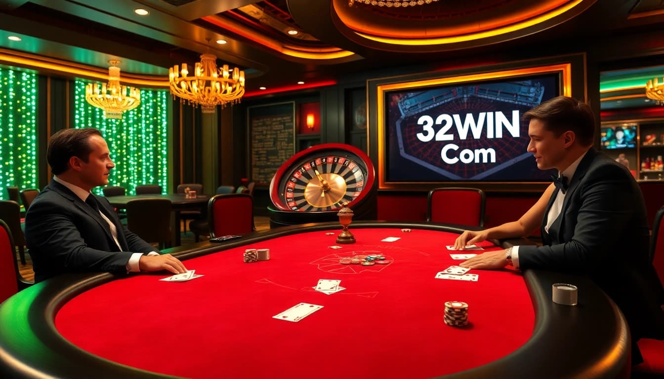 Experience high-stakes gameplay at 32WIN Com with glamorous poker tables and vibrant casino ambiance.