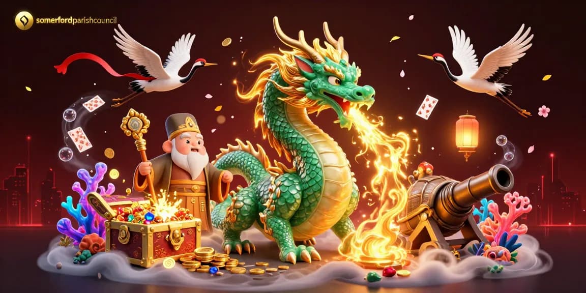 Somerfordparishcouncil showcases thrilling casino elements with a massive dragon and treasures.