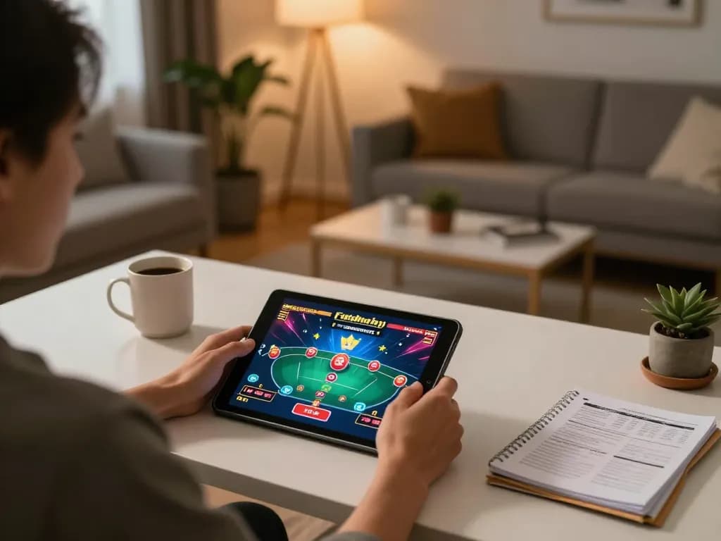 Player engaging in a ph365 online casino game using a tablet in a cozy home environment.