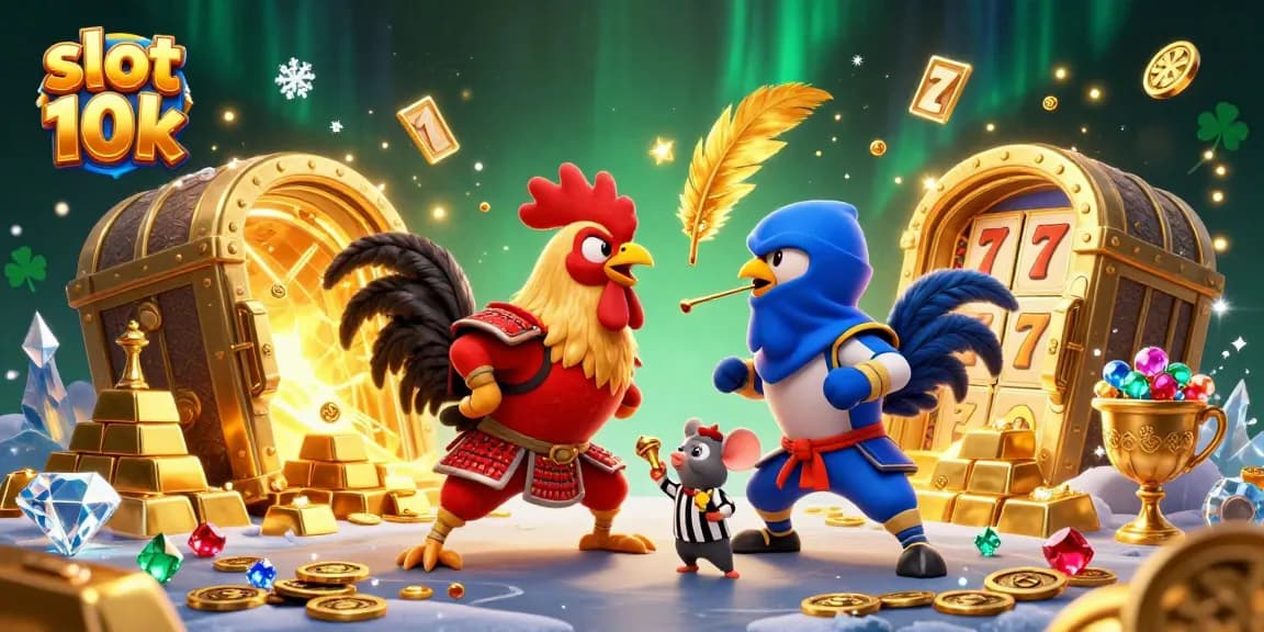 Experience thrilling action with slot 10k as roosters battle amidst gold and jewels in this dynamic casino scene.