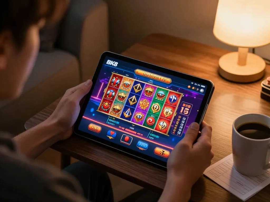 Player enjoying BK8 casino app on a tablet, showcasing responsible gambling in a cozy home setup.
