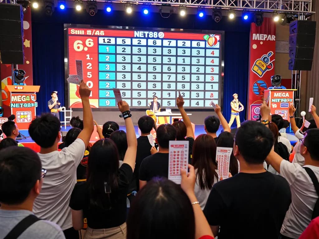 Watch participants eagerly engaging in Mega 6/45 NET88 lottery event with winning tickets held high.