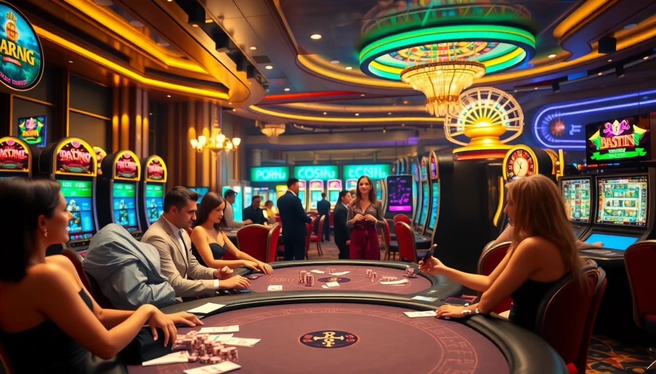 Experience the thrill of a porn game within a luxurious casino setting featuring vibrant players and high-stake bets.
