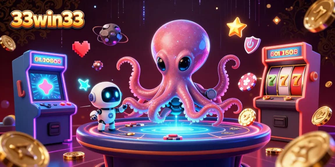 Engage in thrilling gameplay at 33win33 with a cosmic octopus dealer and floating poker action.