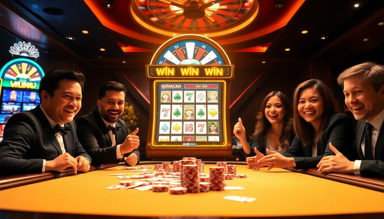 Experience the thrill of winning at the qqmacan slot machine with vibrant colors and excited players.