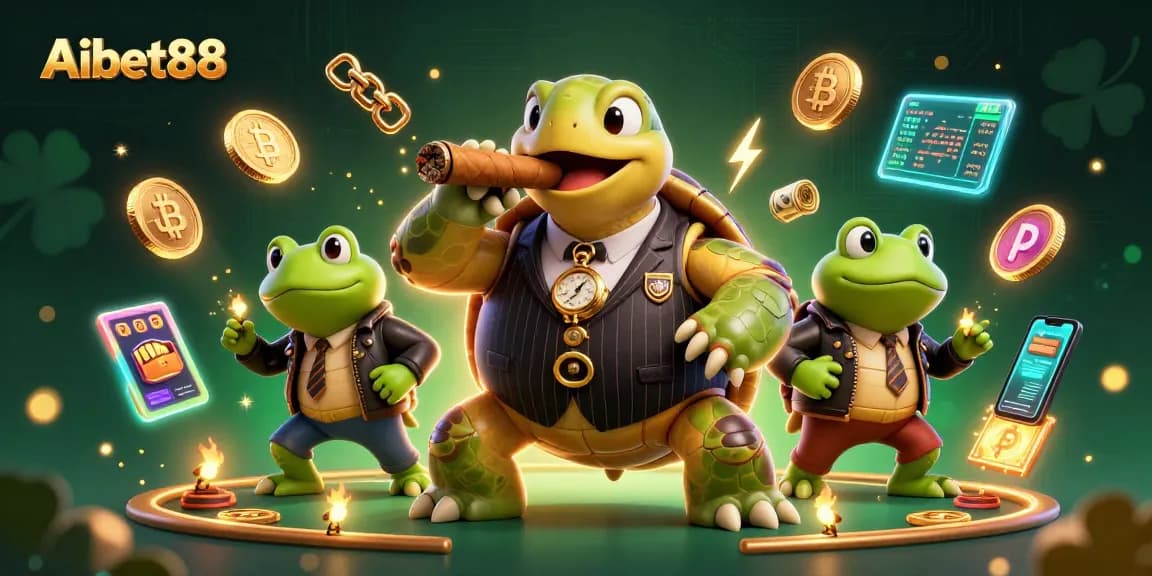 Engage with Aibet88's dynamic casino scene featuring vibrant characters and crypto elements.