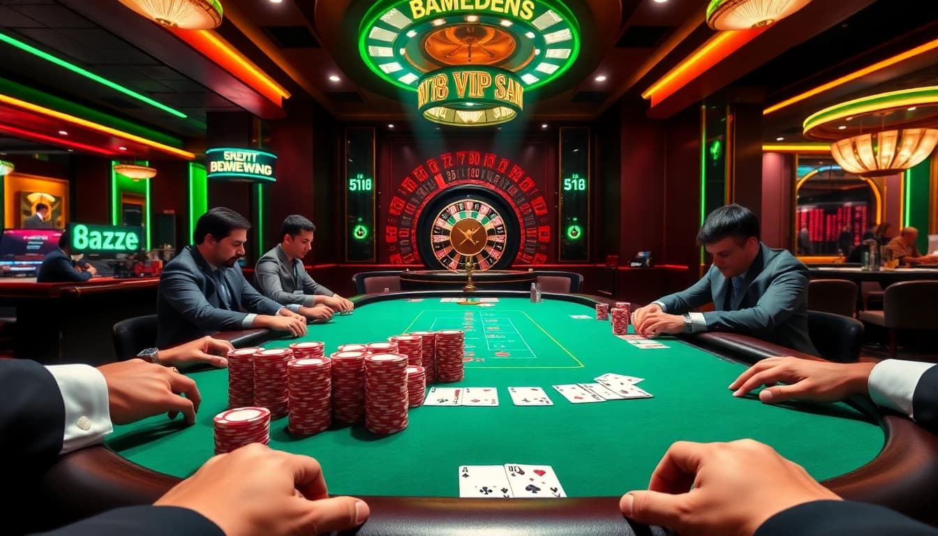Engage in thrilling gameplay at the s8 vip poker table, surrounded by vibrant casino elements.