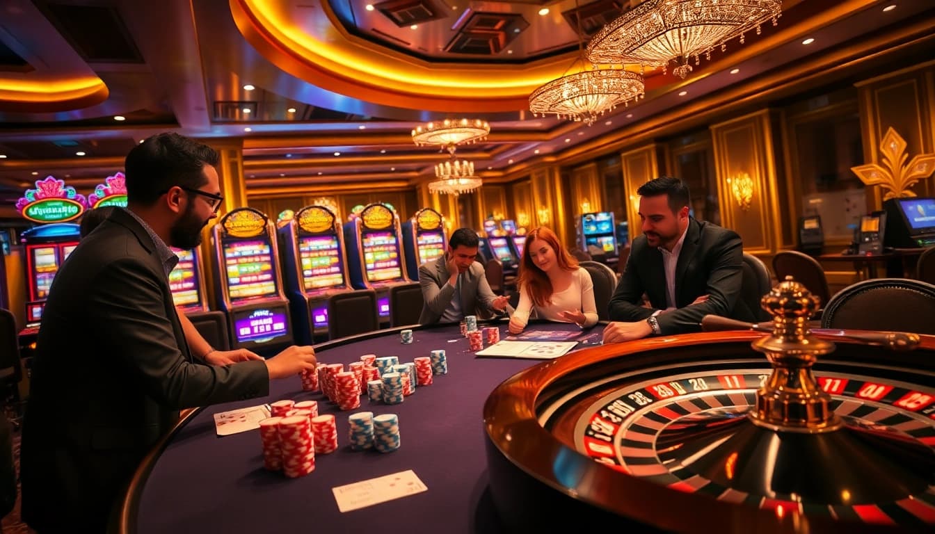 Experience luxury gaming at https://bem88i.com/ with vibrant casino tables, poker chips, and thrilling slot machines.