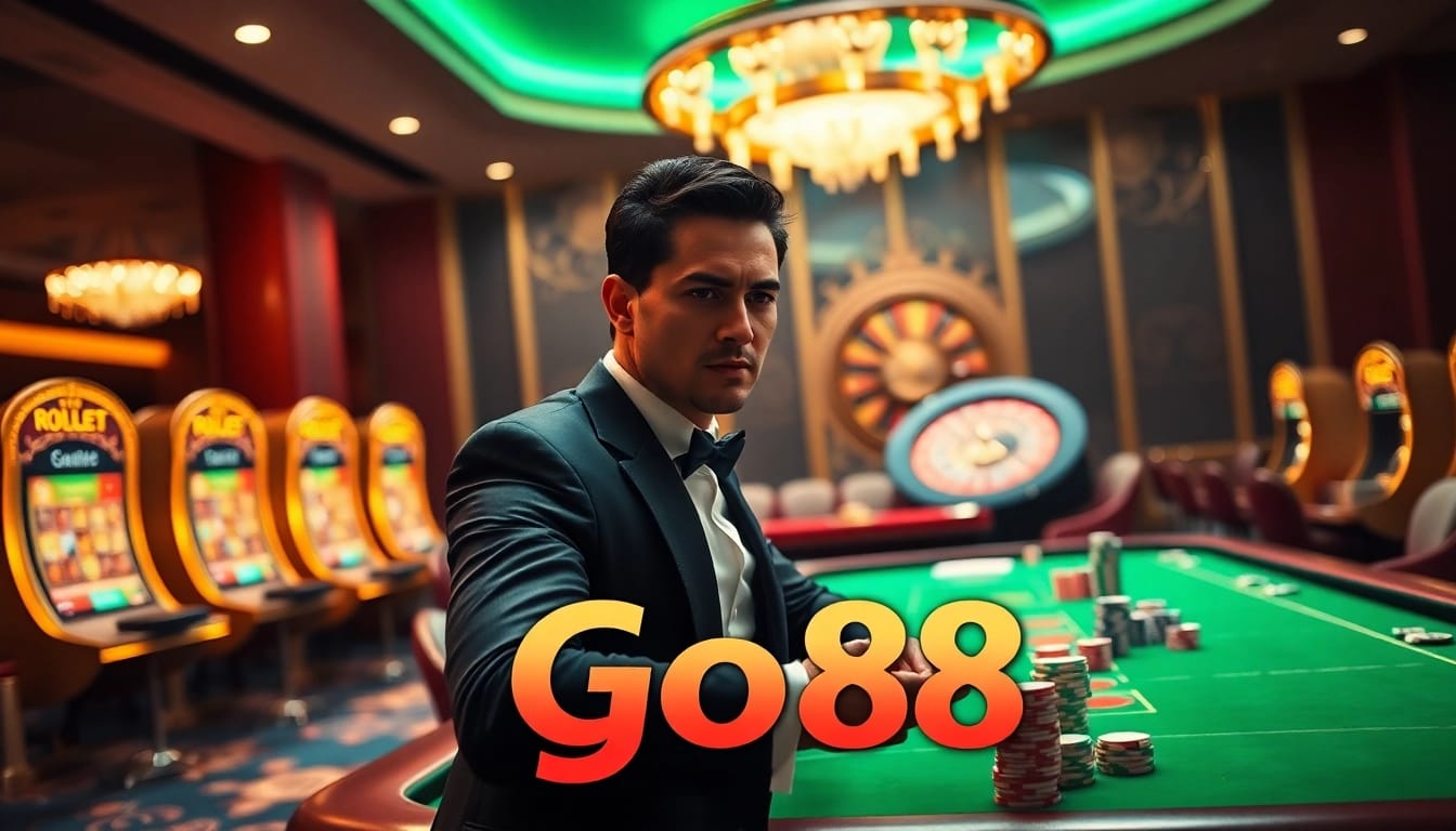 Engaging player strategizing at a go88 gaming table surrounded by vibrant casino elements.