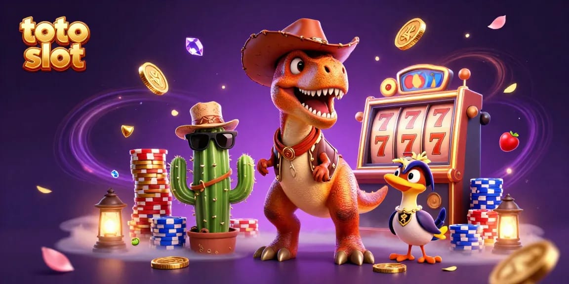 Engaging cartoon scene showcasing the toto slot theme with a T-Rex, a cactus, and a roadrunner among vibrant casino elements.