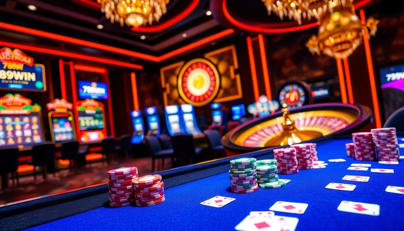 Exciting gaming experience at 789win casino, featuring vibrant poker chips and roulette wheel.
