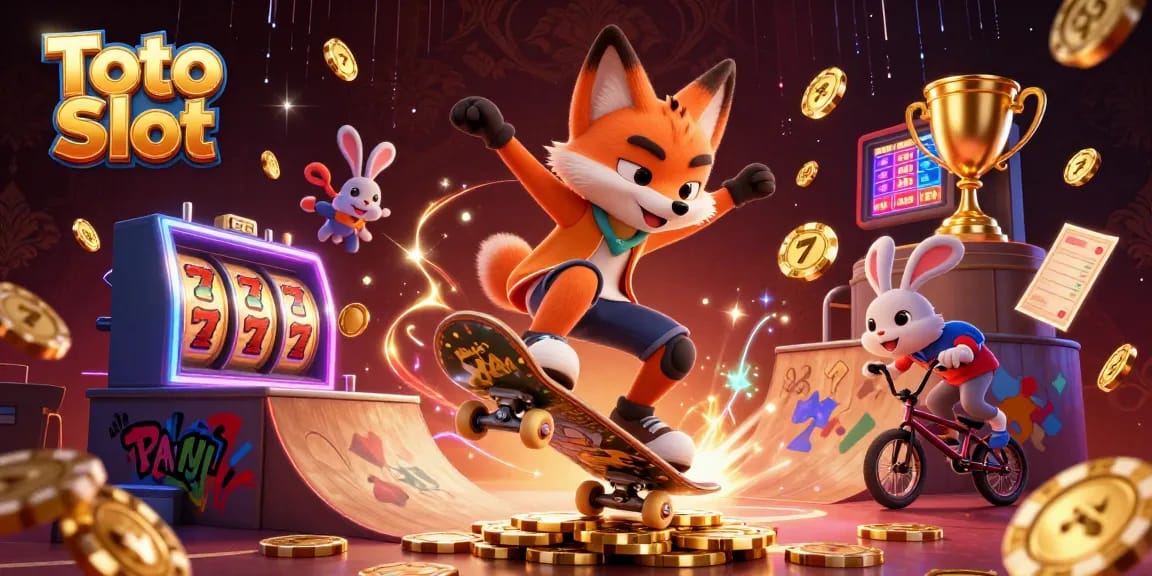 Engage with Toto Slot’s dynamic gaming scene featuring vibrant characters and casino elements.