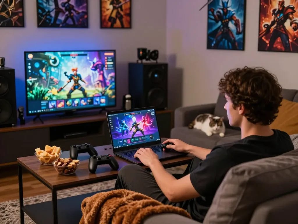 Enjoying engaging porngames on a laptop with cozy atmosphere.
