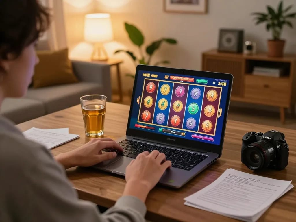 Enjoy the excitement of slot online games in a cozy home environment with a person gaming on their laptop.