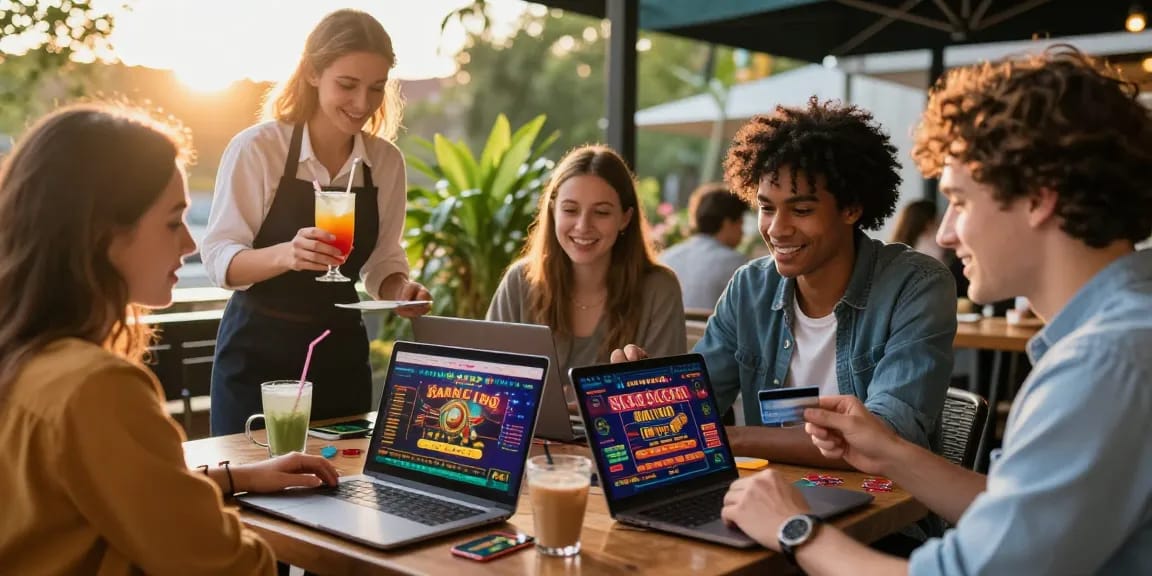 Group exploring credit card casinos online at a coffee shop, showcasing excitement and vibrant atmosphere for https://dentalgroups.co.uk