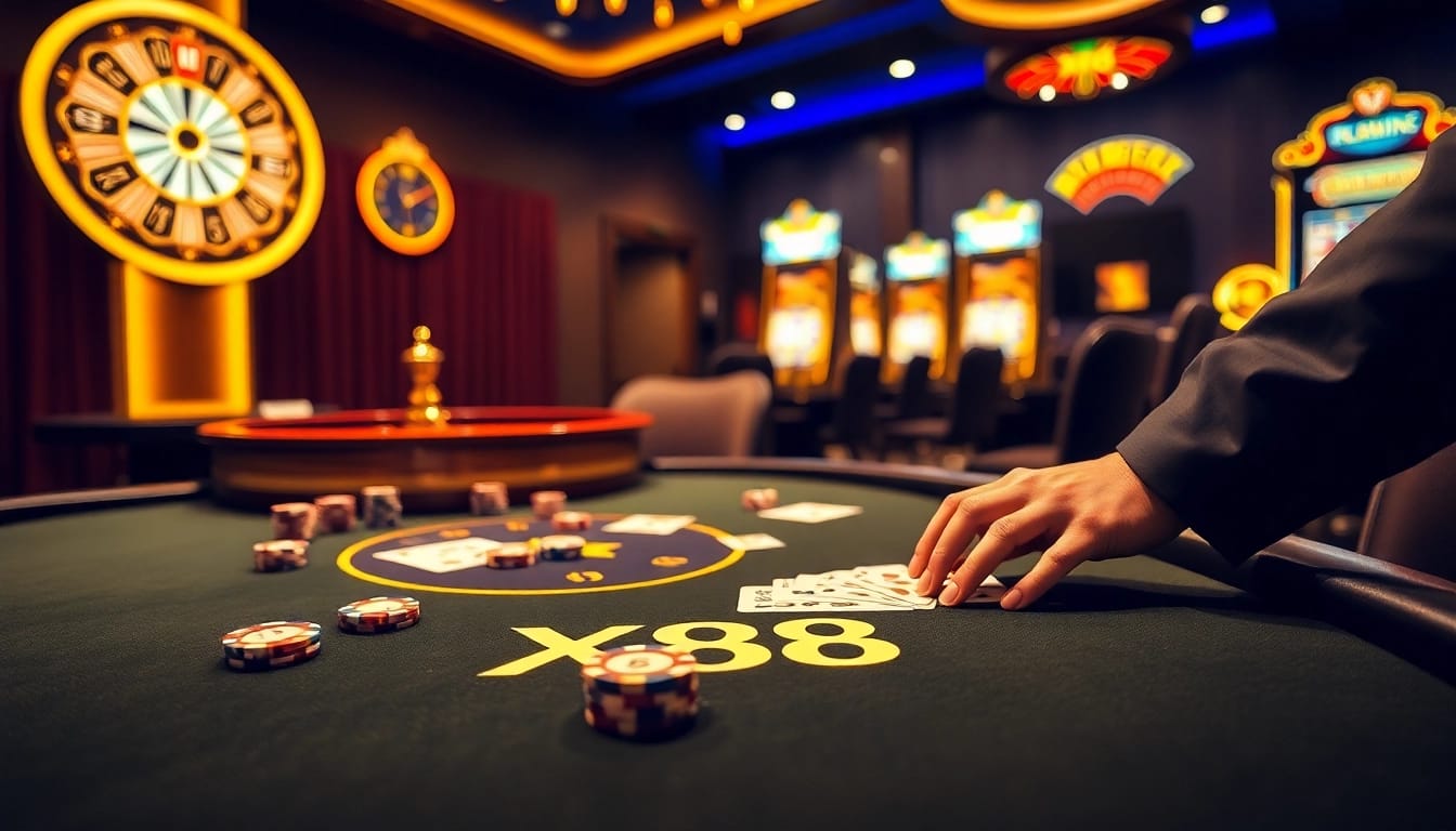 Experience thrilling poker action at the luxurious X88 casino with vibrant chips and cards.