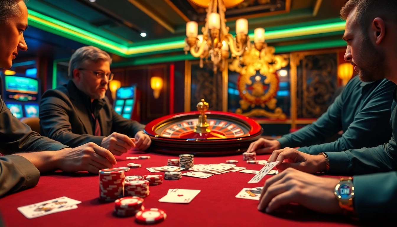 Experience thrilling gaming at https://king333.club/ with intense poker gameplay and vibrant casino lights.
