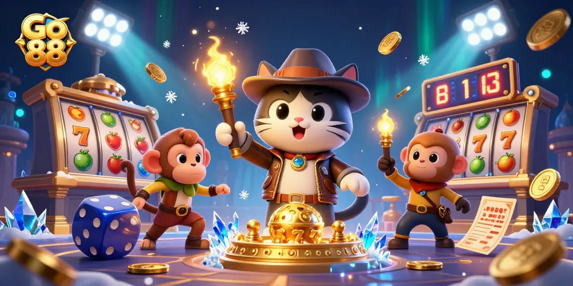 Action-packed scene of Go 88 explorer cat and companion revealing golden casino treasures amid dynamic slot reels.