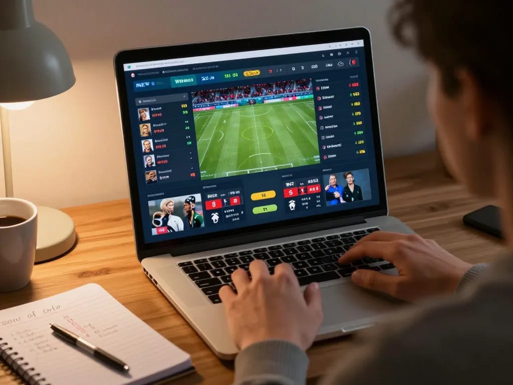 Live sports betting on a laptop showing kqbd updates and dynamic odds in a cozy home setting.