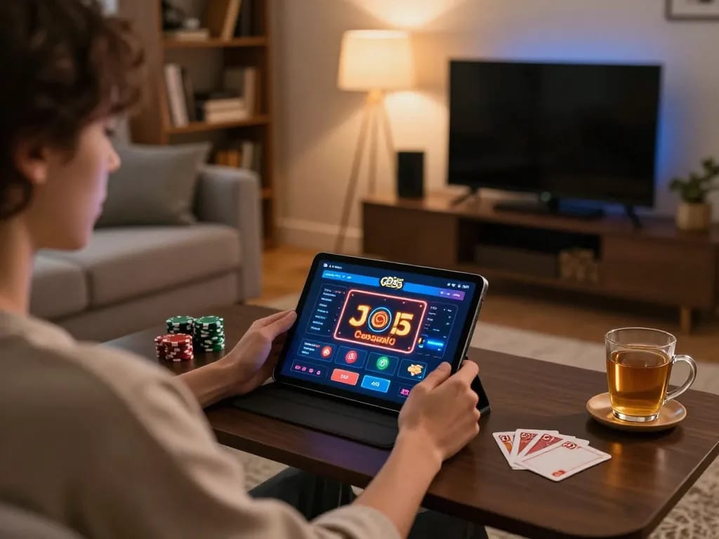 Engaging with the god55 online casino app on a tablet in a cozy home setting, showcasing strategic gameplay moments.