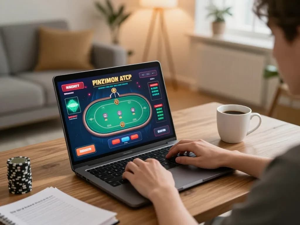 Menampilkan adegan permainan online yang menarik dengan strategi perjudian yang bertanggung jawab di rumah dengan enoughof
