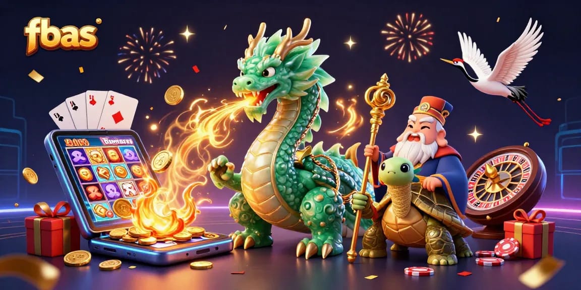 Engage with fbas's vibrant 3D casino scene showcasing dragon, sage, and lucky cranes amidst slot games.