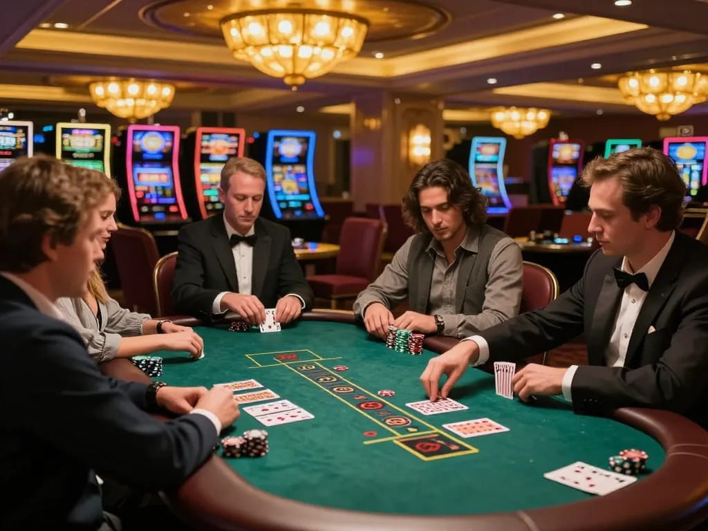 Gamblers playing at a blackjack table, highlighting Nhà cái bl555's thrilling online gaming experience.