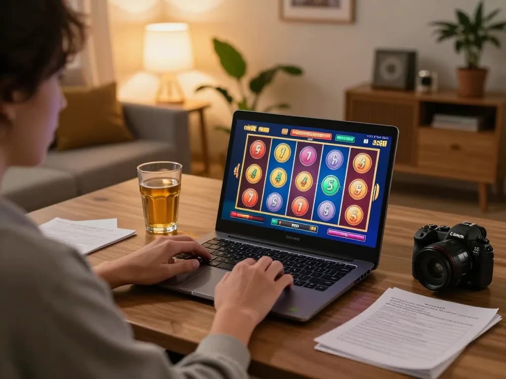 Enjoy the excitement of slot online games in a cozy home environment with a person gaming on their laptop.