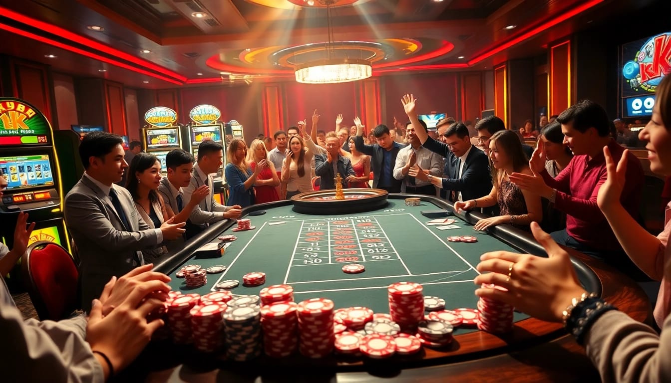 Experience the thrill of KP88 as players engage at a vibrant casino table filled with action and anticipation.