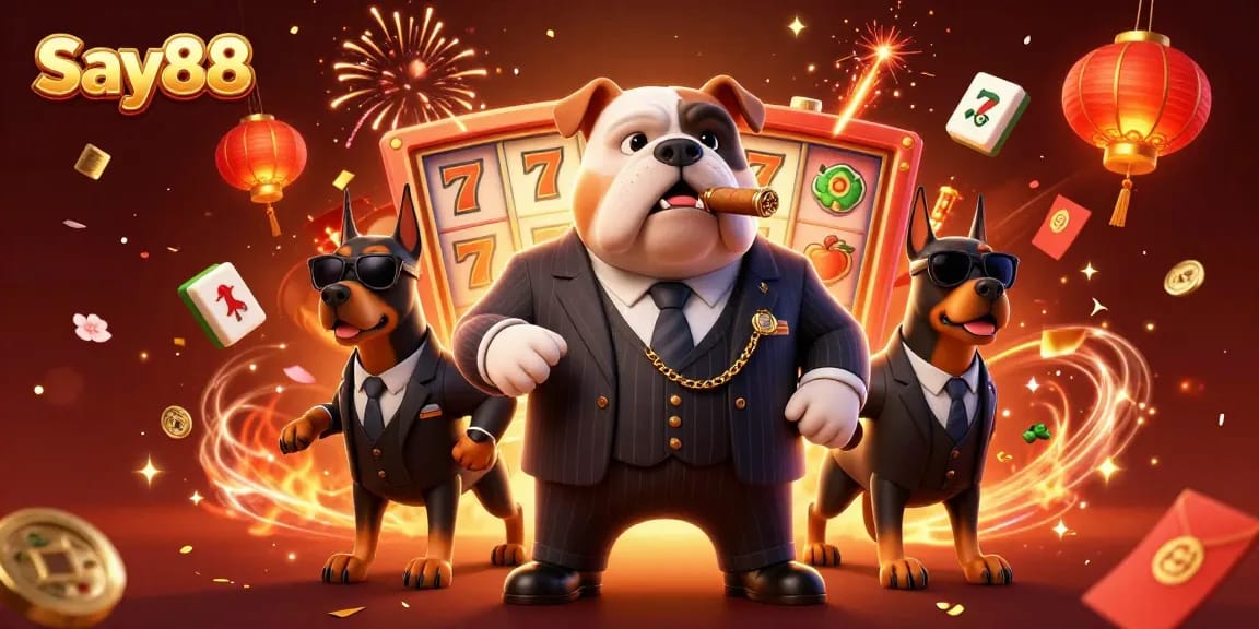 Engage with Say88's vibrant online casino experience featuring iconic slot reels and dynamic celebrations.