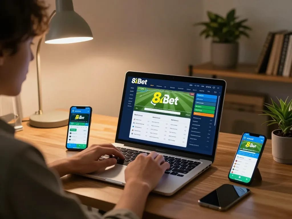 Engaging online sports betting scene featuring nhà cái 8xbet interface on laptop.