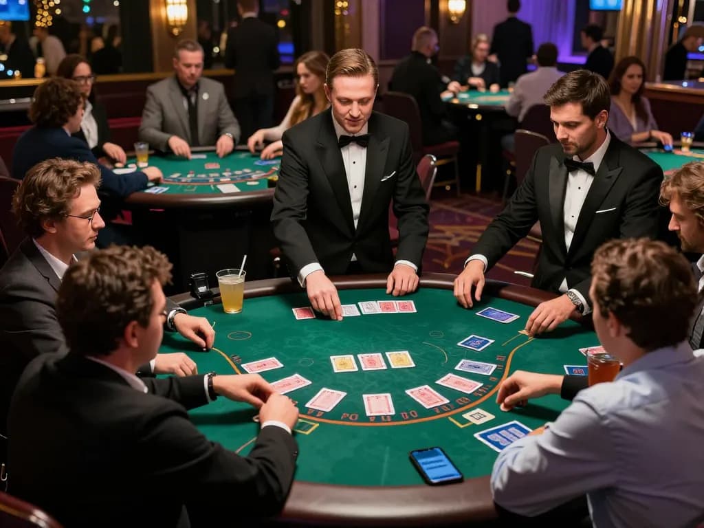 Engaged players strategizing at a King33 blackjack table, capturing dynamic live casino excitement