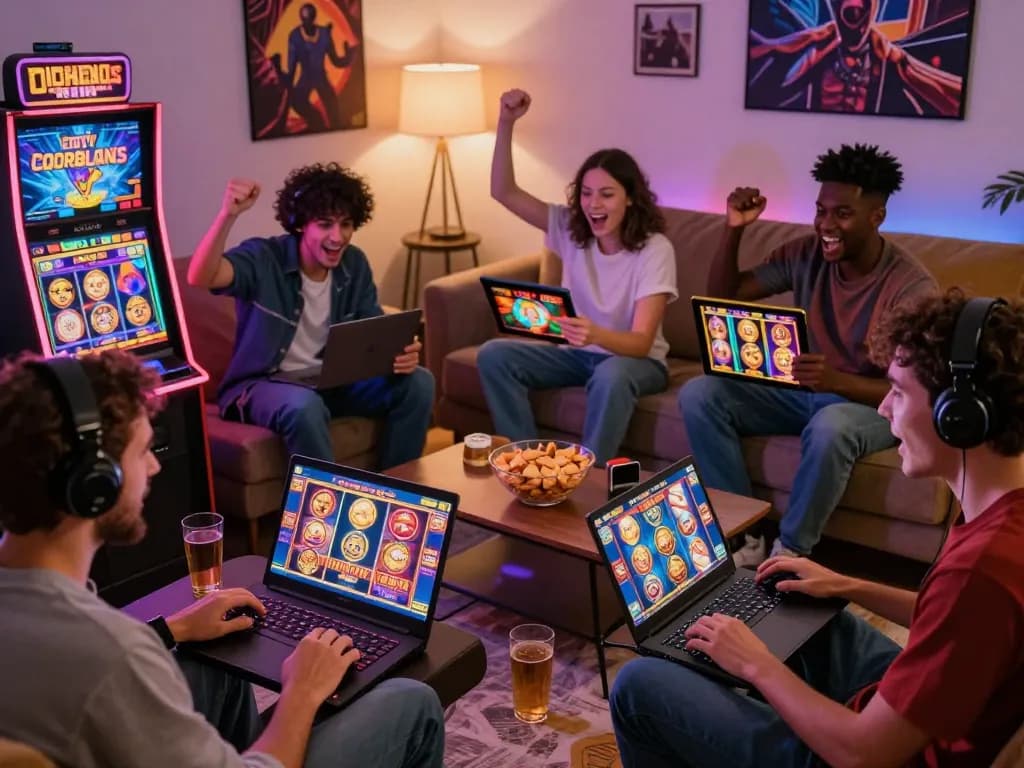 Players excitedly enjoying zeus138 online slot games in a cozy living room.