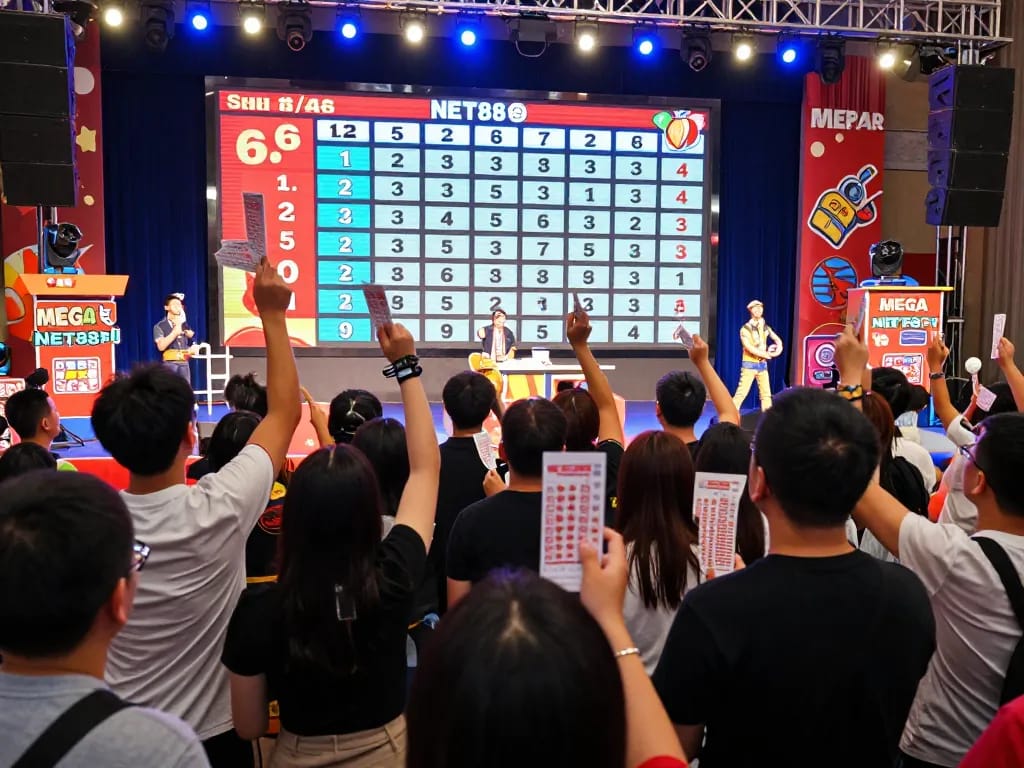 Watch participants eagerly engaging in Mega 6/45 NET88 lottery event with winning tickets held high.