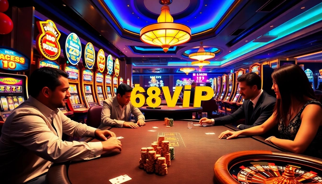 Players enjoying poker and slots, highlighting the excitement of 68VIP casino experience.