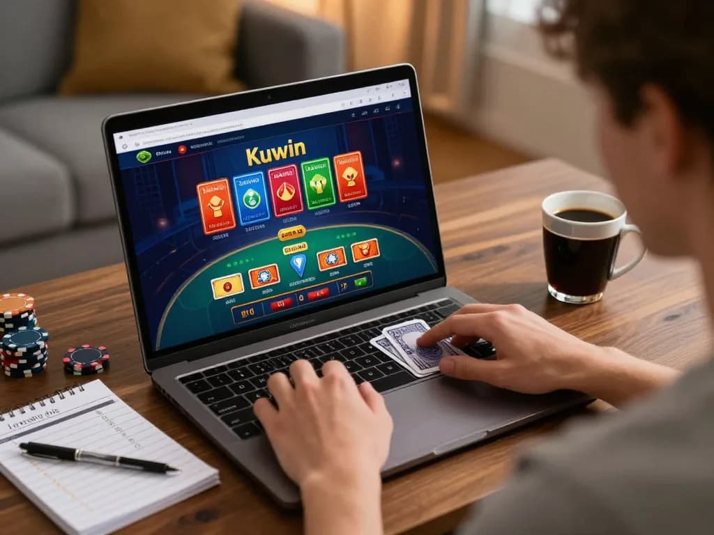 Kuwin player focuses on a laptop showing live dealer game, enjoying a cozy online gambling experience.