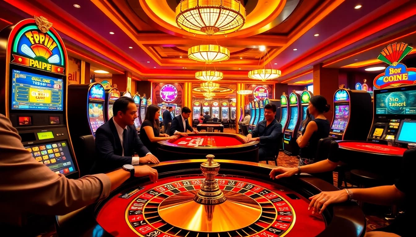 Experience excitement at U888's vibrant casino with players placing bets at roulette and colorful slot machines.