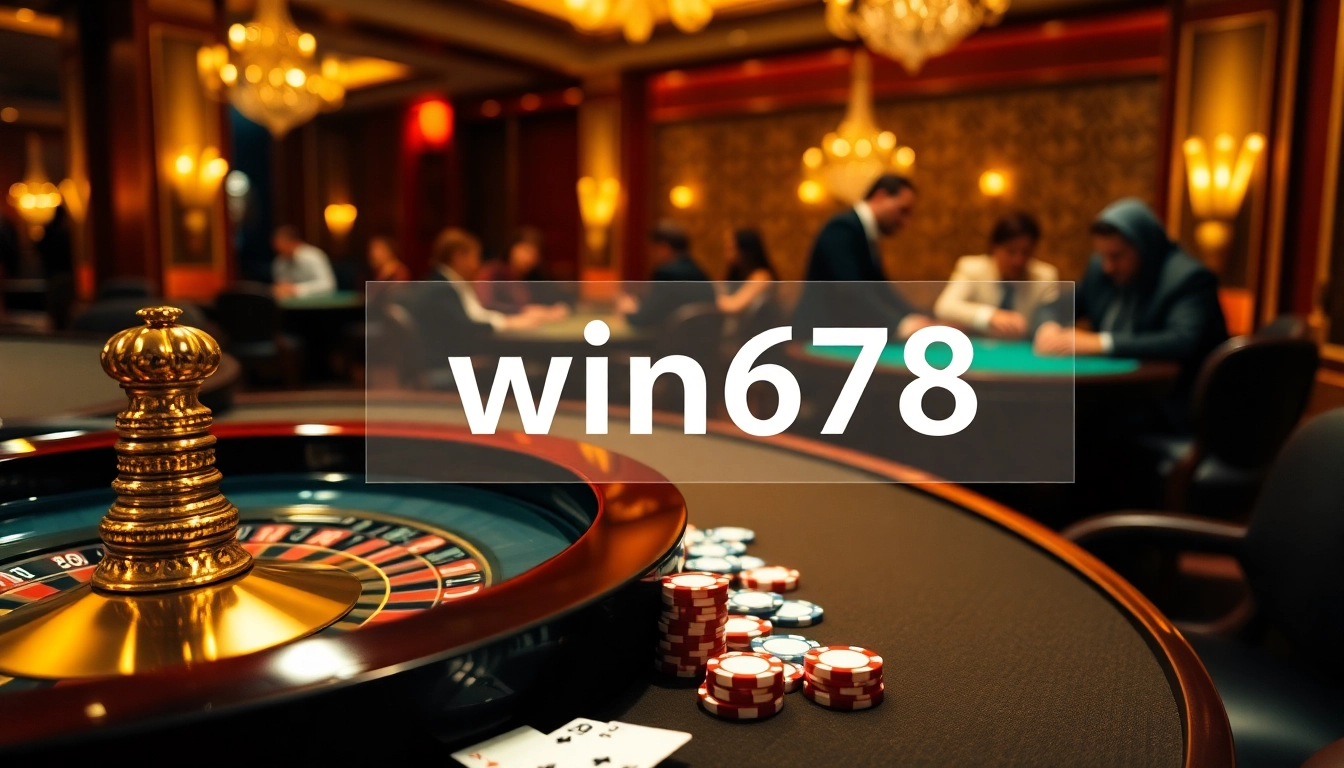 Experience the thrill of gambling at win678 with a luxurious casino setup featuring poker chips and roulette.