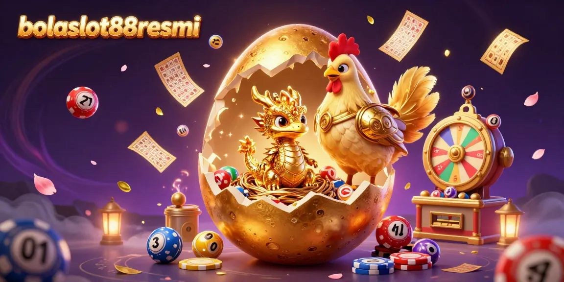 Experience the captivating world of bolaslot88resmi as a golden baby dragon emerges from a shimmering egg among dynamic gambling elements.