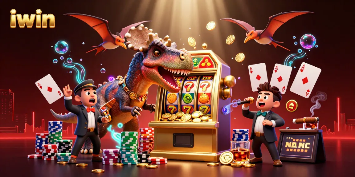 iwin engages players with a vibrant casino scene featuring colorful slot machines and animated dinosaur characters.
