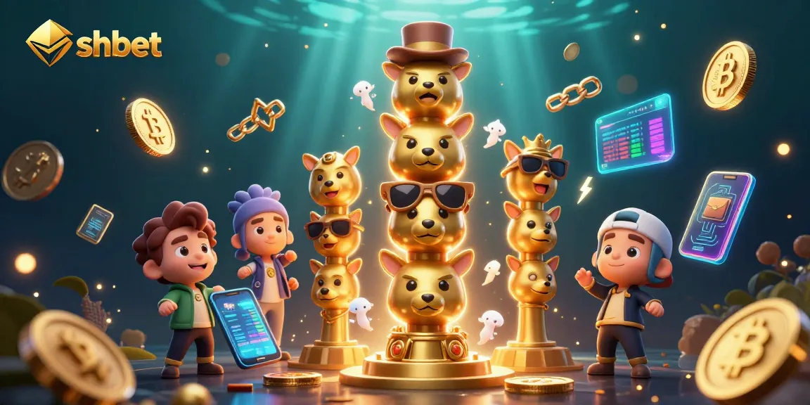 Engage with shbet's gaming excitement featuring a vibrant 3D totem and cryptocurrency elements.