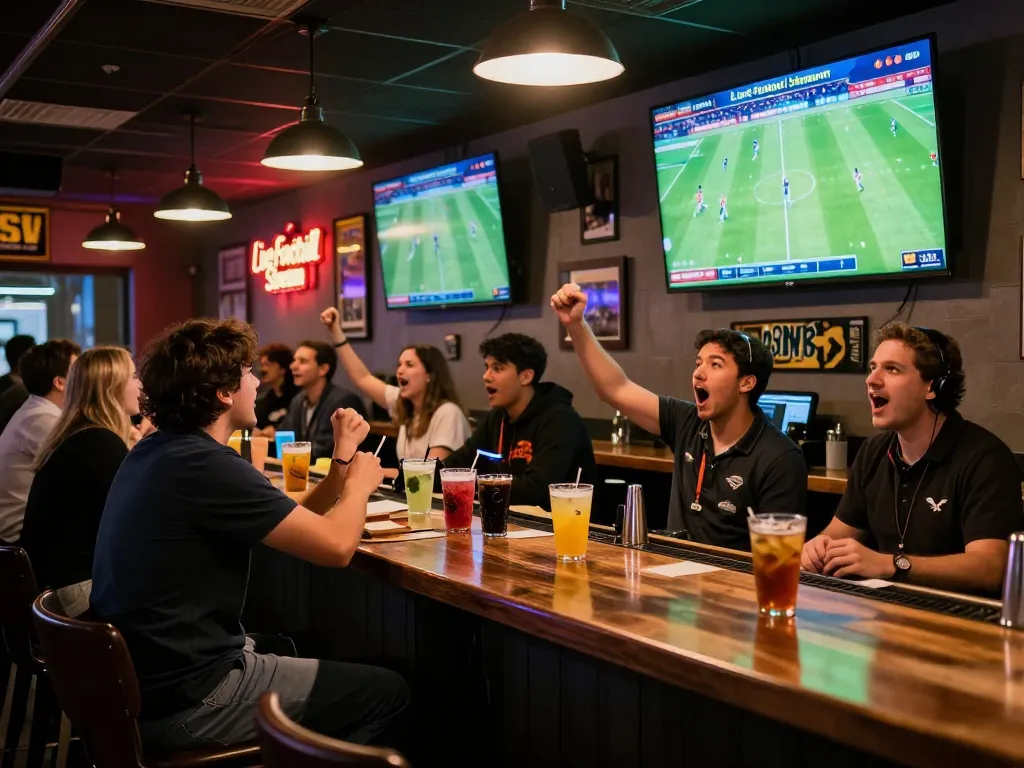 Enjoying the thrill of a footbal stream Cakhiatv in lively sports bar filled with enthusiastic fans cheering for their favorite teams
