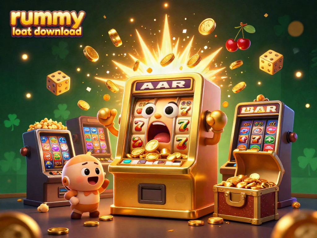Celebrate the rummy loot download with a golden slot machine hitting the jackpot amidst coins and joyful baby slots.