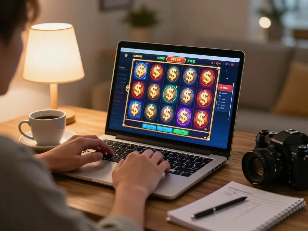 Engaging online slot game experience with cm888 on screen, cozy home gaming setup featuring a laptop.